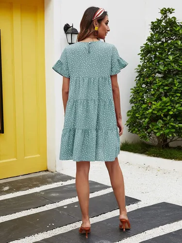 Vista 2 de MakeMeChic Vestido smock de cintura alta de manga corta con volantes y lunares para mujer