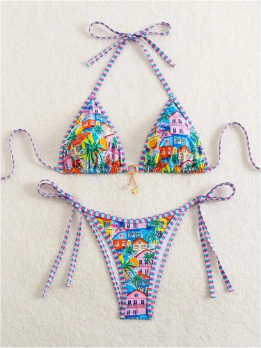 Vista 5 de WDIRARA Traje de baño de dos piezas para mujer estilo boho con estampado floral, conjunto de bikini halter con tiras en forma de triángulo