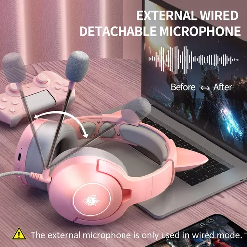 Vista 3 de PHOINIKAS Auriculares inalámbricos para juegos con bonitas orejas de gato con cable para PS5 PS4 PC Nintendo Switch Q9 sobre la oreja con micrófono