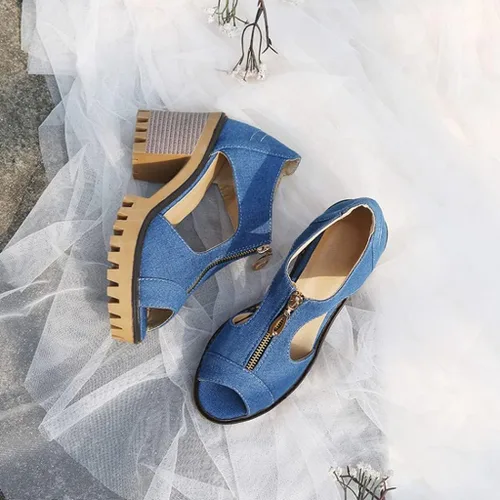 Vista 9 de Sandalias de tacón alto apiladas para mujer con puntera abierta, con cremallera y plataforma de verano
