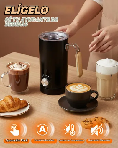 Vista 8 de Espumador de leche eléctrico 5 en 1, espumador de leche automático para hacer chocolate caliente con mango de grano de madera, calentador de leche