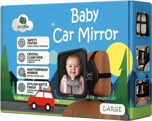 Vista 10 de Leo&Ella Espejo de coche para bebé, tamaño mediano, con montaje ajustable de 360°, visión infantil ultra transparente, inastillable, montaje