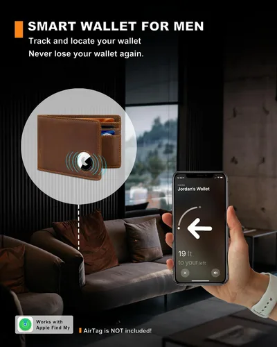 Vista 4 de Billetera AirTag para hombre, de piel auténtica plegable con bloqueo Rfid AirTag con ranuras para efectivo y ventana de identificación, compatible