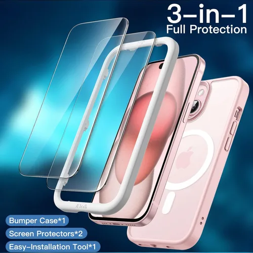Vista 3 de JETech Funda magnética 3 en 1 para iPhone 15 de 6.1 pulgadas con 2 protectores de pantalla de vidrio templado, compatible con MagSafe, funda