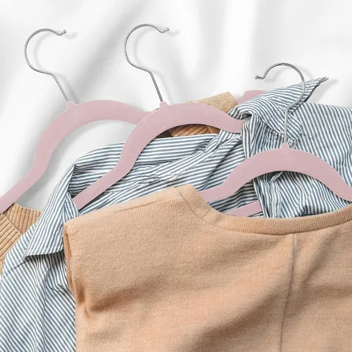 Vista 6 de Casafield 100 perchas de terciopelo para niños, tamaño de 14 pulgadas para ropa infantil, color rosa claro