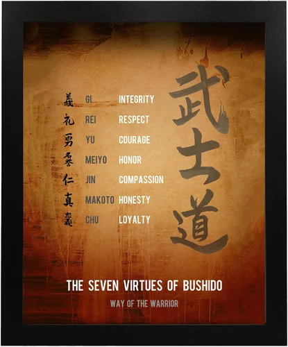Vista 6 de Seven Virtues Of Bushido - Arte de pared con citas inspiradoras, decoraciones de pared motivacionales, impresión de pergamino envejecido perfecta
