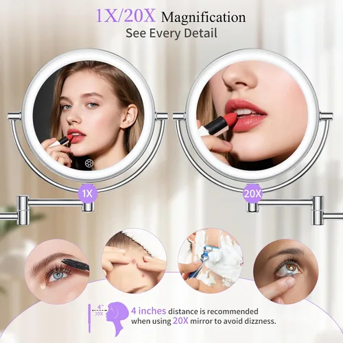Vista 4 de Wall Mounted Makeup Mirror with Lights, Double-Sided Magnifying, Plug-in Lighted Vanity Mirror with 3 Color Modes, 20X/1X Dimmable Brightness, 360°