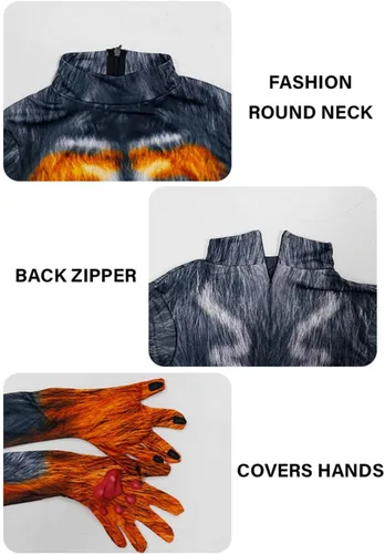 Vista 44 de Disfraz de animal para hombre con estampado de cola grande, overol peludo de elastano para cosplay, fiesta de Halloween