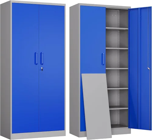 Vista 22 de Yizosh Armario de almacenamiento de metal para garaje con 2 puertas y 5 estantes ajustables, gabinete de archivo de acero con cerradura de 71