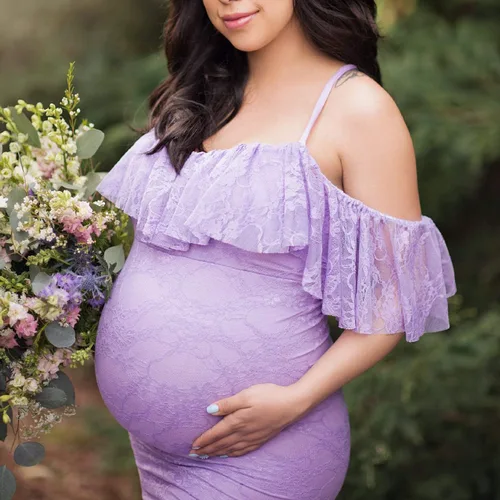 Vista 3 de Vestido de maternidad con volantes y hombros descubiertos para mujer, para fotografía, baby shower, vestido de sirena floral para sesión de fotos