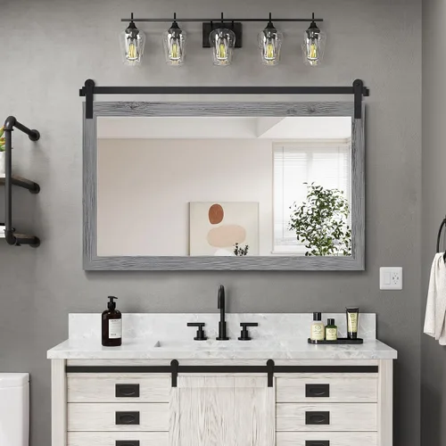 Vista 55 de COGOOD Espejo de puerta de granero de granja, 25 x 18 pulgadas, espejo decrativo con marco de madera rústica para baño, sala de estar, decoración