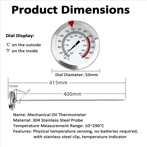 Vista 5 de Medidor mecánico de temperatura de aceite, termómetro para freír profundo de 19.6 pulgadas de tallo largo con clip para olla, lectura instantánea