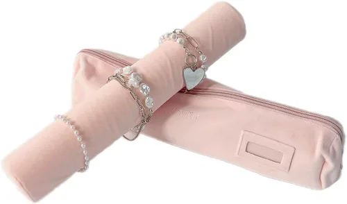 Vista 2 de UnionPlus Organizador de terciopelo para joyas de viaje, para pulseras y relojes, color rosa