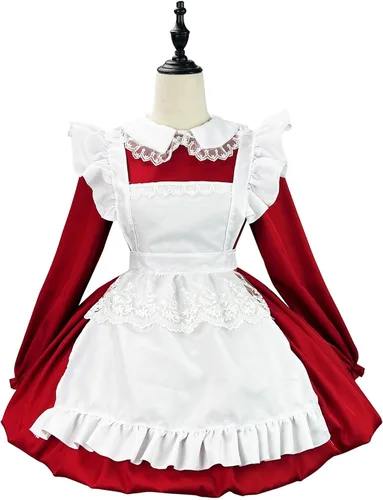 Vista 2 de QIGUANDZ Delantal de sirvienta francesa de anime para mujer, vestido de Lolita, vestido de cosplay de manga larga con volantes