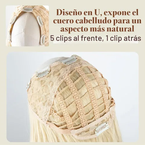 Vista 3 de SARLA Extensiones de cabello sintético con clip, parte en U, largo, ondulado, rizado, grueso, de cabeza completa, para mujer, rubio playa, 24 Playa
