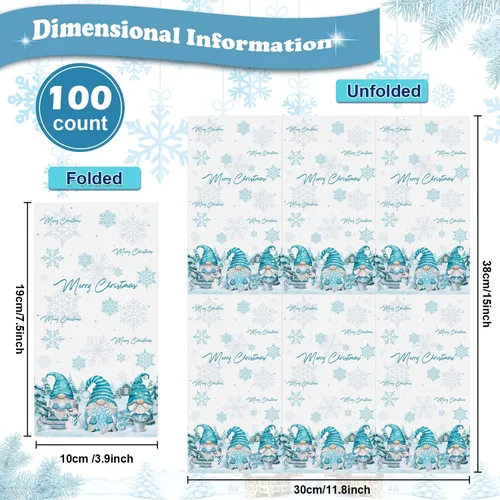 Vista 2 de 100 servilletas de papel de gnomo de Navidad, desechables, diseño de gnomo de Navidad, copos de nieve, servilletas de papel decorativo de Navidad