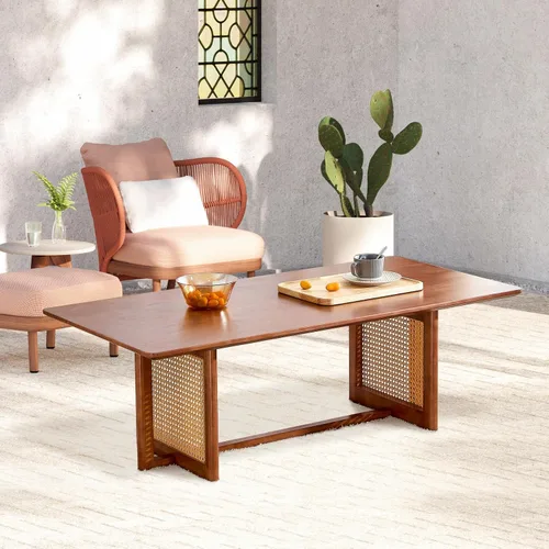 Vista 2 de LKTART Mesa auxiliar para sala de estar, mesa rectangular de madera maciza, moderna mesa de centro de ratán de imitación, patas cruzadas, mesa de té