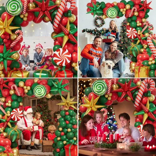 Vista 5 de Kit de arco de globos de Navidad de 171 piezas, globos rojos, verdes y dorados, globos de caja de regalo de caramelos, globos de papel de aluminio