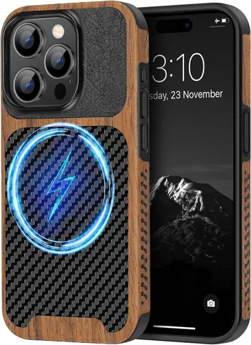 Vista 16 de TENDLIN Compatible con Funda para iPhone 15, Funda de Madera con Textura de Fibra de Carbono, Diseño Híbrido de Cuero Delgado (Negro)