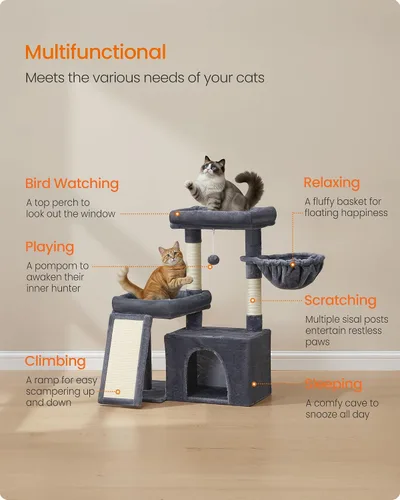 Vista 3 de Feandrea Árbol para gatos, torre para gatos con postes rascadores y rampa, 2 perchas grandes, cueva, canasta, 33.8 pulgadas de alto, gris oscuro