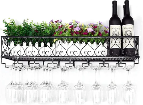 Vista 4 de LaseVe Estante para vinos, estantes de vino montados en la pared con 8 soportes para vidrio de vástago, estante de vino colgante industrial, estante