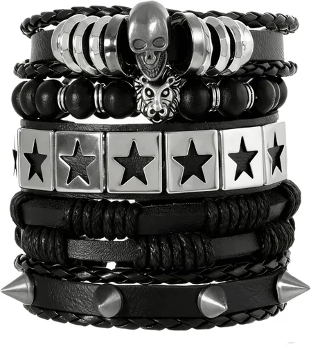 Vista 7 de MILAKOO Juego de pulseras punk de piel sintética para mujeres y hombres, remaches tachonados, calavera y estrella, pulseras para accesorios