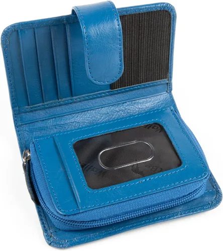 Vista 6 de WalletBe Cartera RFID de acordeón de cuero para mujer con monedero, Azul, contemporáneo