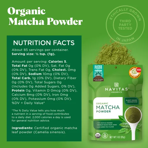 Vista 3 de Navitas Organics Polvo de matcha – Para té, lattes, batidos, postres y más – Energía y antioxidantes – Grado culinario premium – USDA orgánico, sin