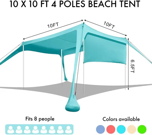 Vista 3 de Beach Canopy Tent Shade with Sidewalls 10x10FT, 6.6FT Tall, UPF50+ Sun Shelter, Windproof & Water Resistant, Includes Guylines Sand Shovel Stability