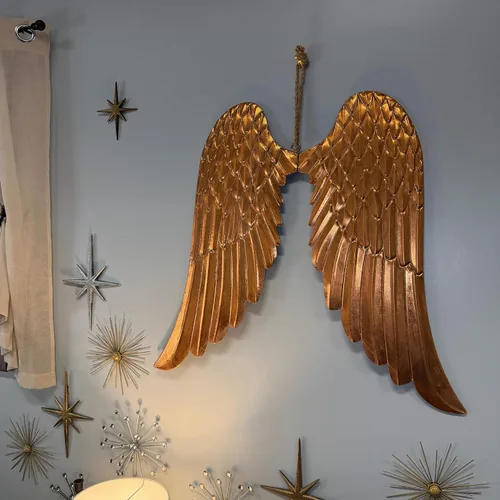 Vista 5 de Zeckos Escultura de pared de alas de ángel, metal de cobre de 34 pulgadas de ancho