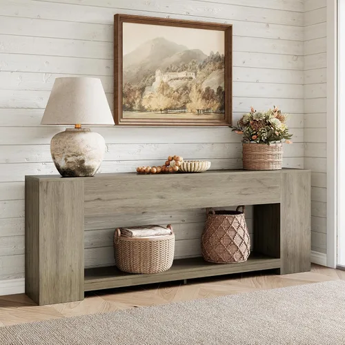 Vista 9 de Epecoya Mesa consola extra larga para entrada, color negro, mesa de entrada de 86 pulgadas con estantes de almacenamiento, mesa moderna de 2 niveles