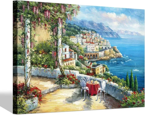 Vista 10 de SD SOFT DANCE Lienzo decorativo para pared de pueblo italiano, pintura de pueblo costero, reproducción de obras de arte para sala de estar