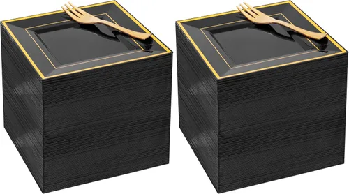 Vista 14 de Platos de postre de plástico plateado con tenedores de plástico, 100 platos cuadrados desechables para aperitivos, platos pequeños con borde Blanco