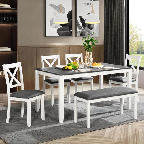 Vista 23 de LUMISOL - Juego de mesa de comedor de madera maciza con 4 sillas tapizadas y banco para cocina, comedor, sala de estar, gris plateado