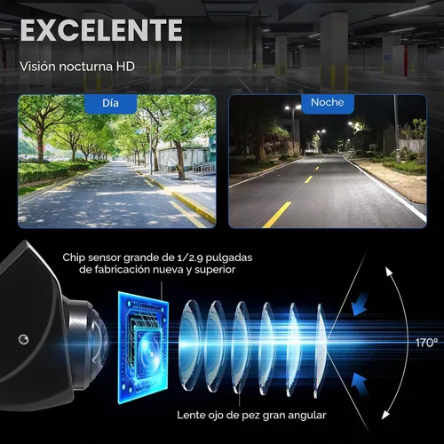 Vista 2 de Cámara de respaldo con vista frontal conmutable – 1080P metal AHD, visión trasera gran angular de 170°, visión nocturna súper clara, inversa Negro