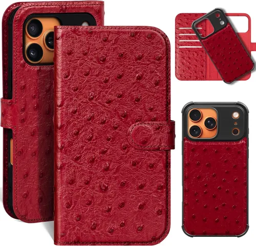 Vista 40 de Funda de cuero compatible con iPhone 16 Pro Max Cartera 6.9", cuero genuino 2 en 1, magnética, desmontable, a prueba de golpes, funda tipo folio