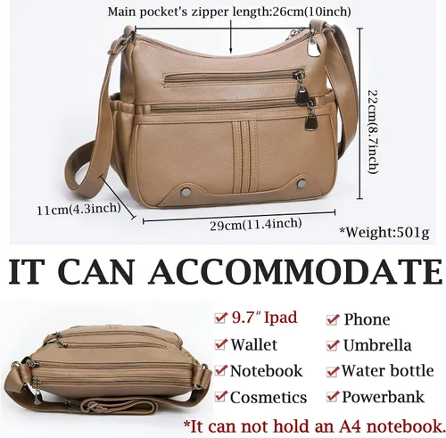 Vista 3 de Bolso de hombro de piel sintética suave para mujer, bolso cruzado con múltiples bolsillos, bolso mediano y espacioso, bolso de moda con asa superior