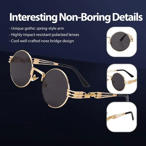 Vista 3 de Technigadgets Declan Round Steampunk Sunglasses Retro Circle Metal Frame Gothic Hippie Shades Polarized UV400 For Men Women