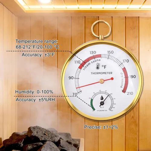 Vista 3 de Penitue Termómetro higrómetro de sauna, montado en la pared, medidor de temperatura y humedad 2 en 1 para sauna Fahrenheit, accesorios de sala
