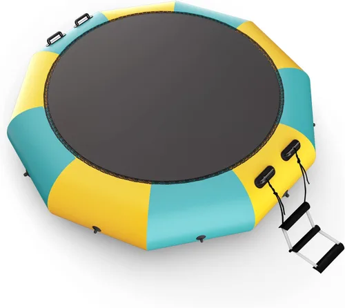 Vista 10 de Giantex Trampolín acuático inflable de 10 pies, 12 pies y 15 pies, trampolín flotante con soplador de 500 W y escalera de cuerda de 3 escalones