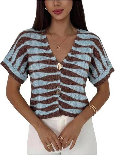 Vista 20 de SOLY HUX Cárdigan de manga corta con cuello en V para mujer Caqui liso.