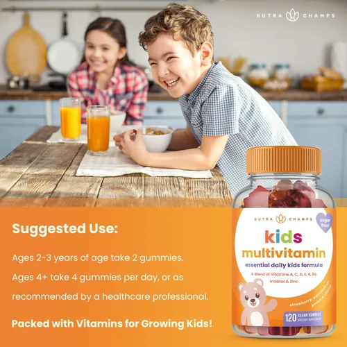 Vista 3 de NutraChamps Gomitas multivitamínicas para niños 120 vitaminas gomosas sin azúcar para niños Veganas y sin OMG Fresa, maracuyá, melocotón