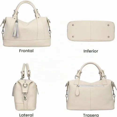 Vista 7 de Heshe Bolsos de hombro de cuero genuino para mujer, bolsos satchel, bolsos bandolera de cuero real para damas Beige
