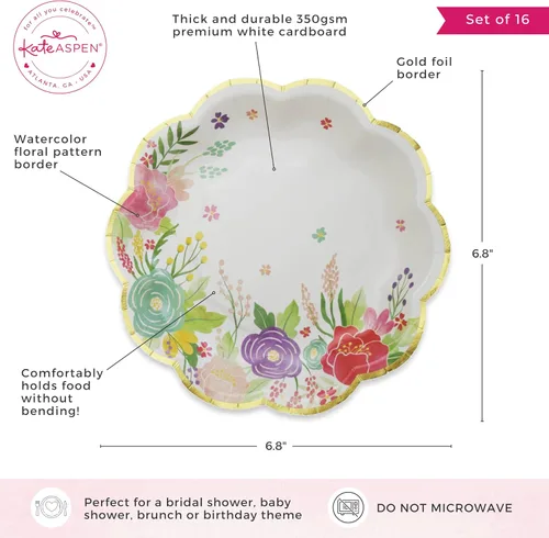 Vista 7 de Kate Aspen Garden Blooms - Platos de papel decorativos florales de alta calidad (12.28 oz/m², juego de 16), perfectos para despedidas de soltera