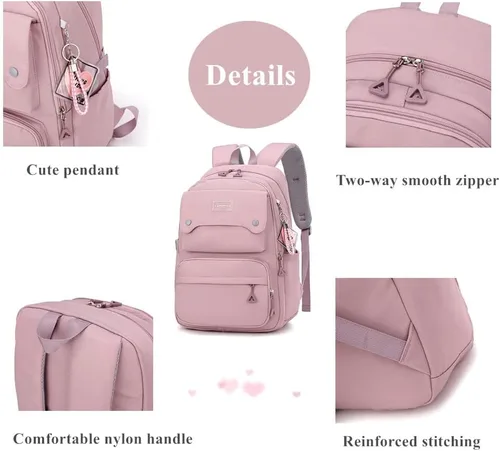 Vista 5 de Mochila casual para niños, color sólido, bolsa de escuela primaria y secundaria, bolsa de viaje para adolescentes, Rosado, Mochila de color sólido