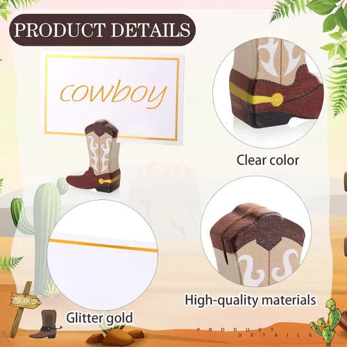 Vista 3 de Kigley 18 piezas de mini botas de vaquero adornos de madera, tarjetero y 25 piezas de papel de aluminio dorado blanco soporte para números
