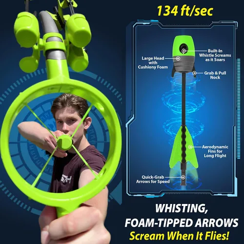 Vista 5 de Funwares Arco y flecha patentado para lanzar flechas de más de 200 pies, incluye 4 flechas con punta de espuma silbante, carcaj incluido, increíble