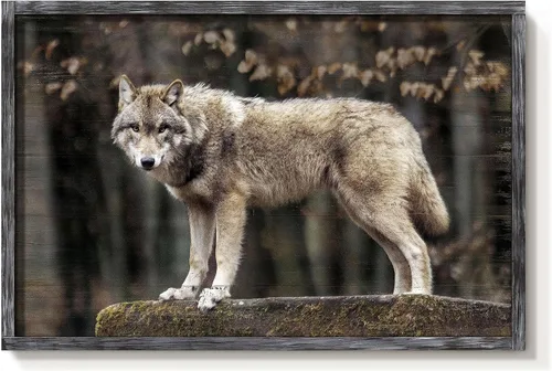 Vista 9 de Arte de Pared Enmarcado de Lobo: Pintura Moderna de Animales Salvajes de Madera Rústica Natural Imagen de Vida Silvestre Obra de Arte de Lobo Gris