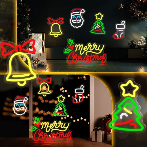 Vista 7 de 5 letreros de neón de Navidad con texto en inglés "Merry Christmas", campanas de Papá Noel, árbol de Navidad, luces LED, luces de neón de invierno