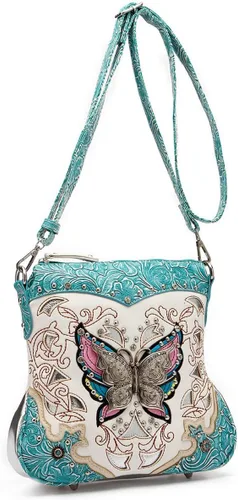Vista 2 de Estilo occidental Metal mariposa Rhinestone tachonado floral Tooled cuero mujeres bolso Crossbody bolso solo hombro